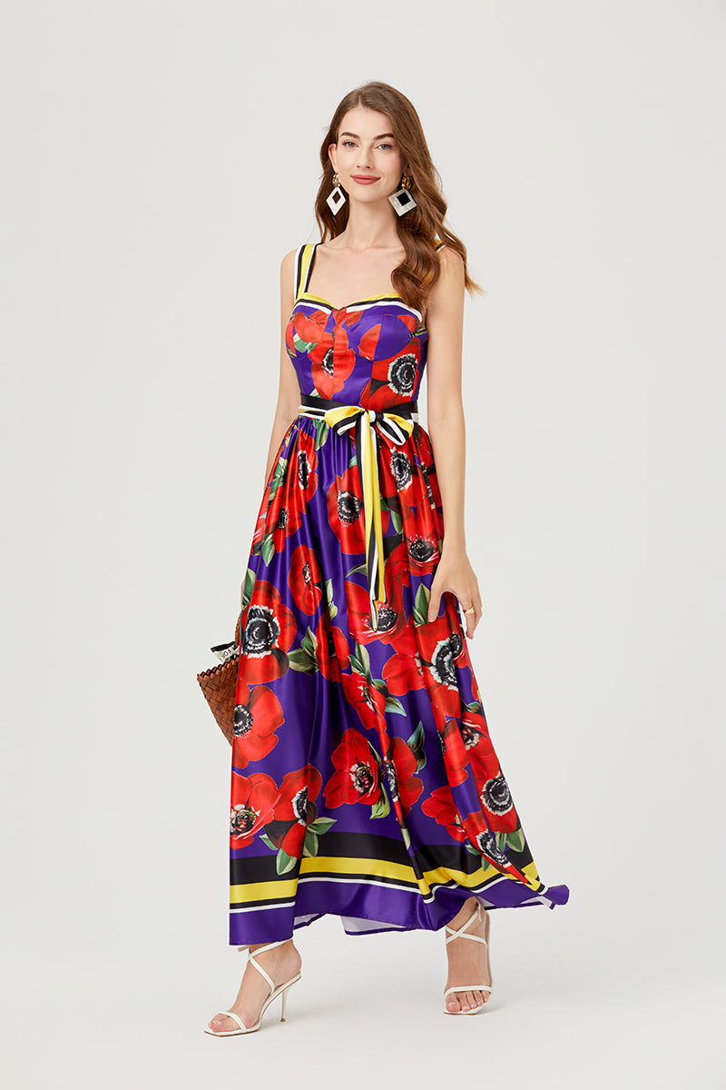 Women Summer Print Halter Dress Swing Maxi Dress ESUNG