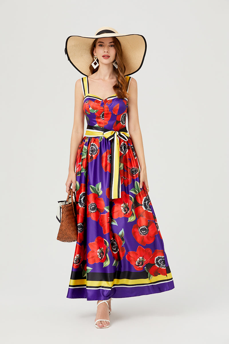 Women Summer Print Halter Dress Swing Maxi Dress ESUNG