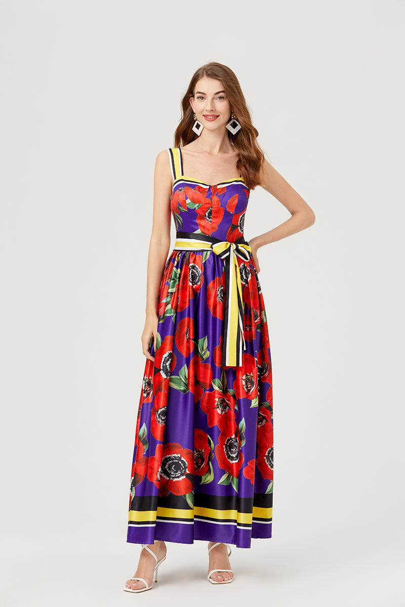 Women Summer Print Halter Dress Swing Maxi Dress ESUNG