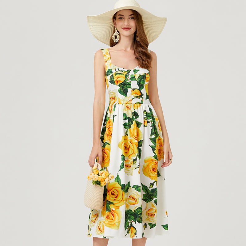 Women Summer Sleeveless Floral A Line Elegant Dress ESUNG