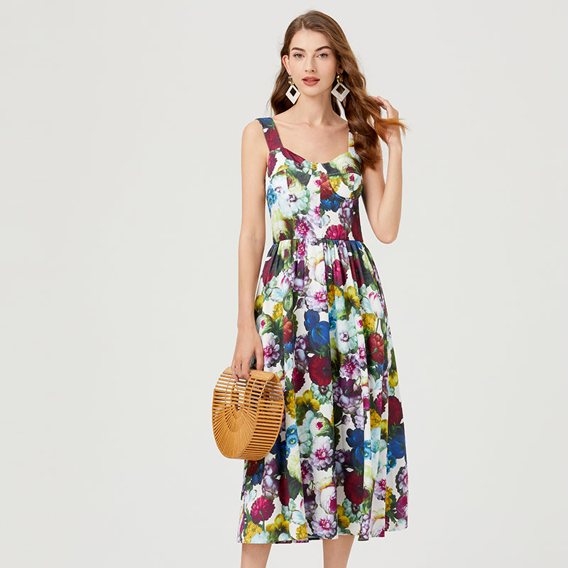 Women Summer Sleeveless Floral A Line Elegant Dress ESUNG