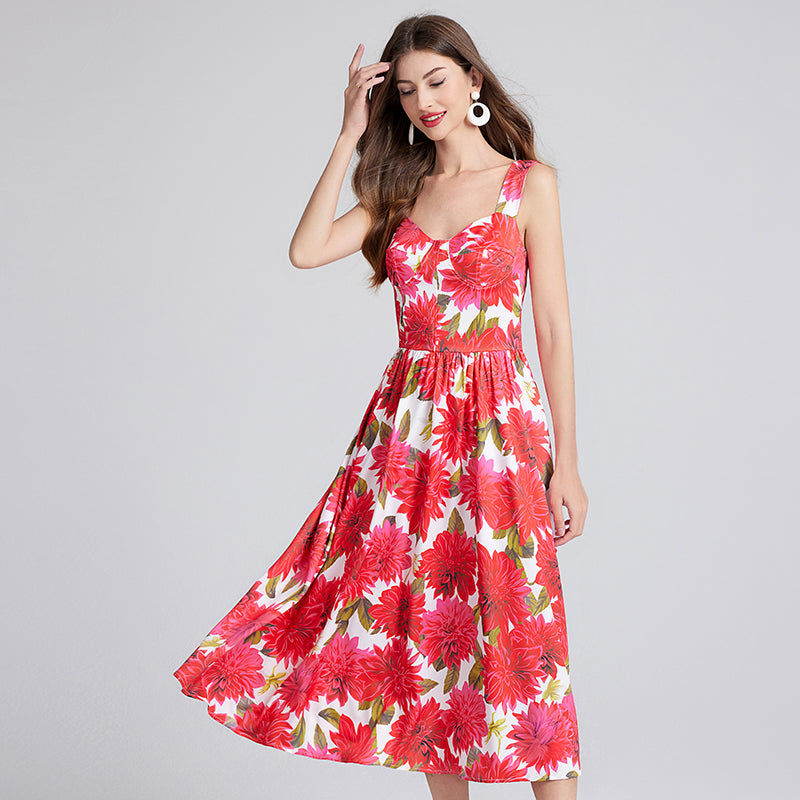 Women Summer Sleeveless Floral A Line Elegant Dress ESUNG