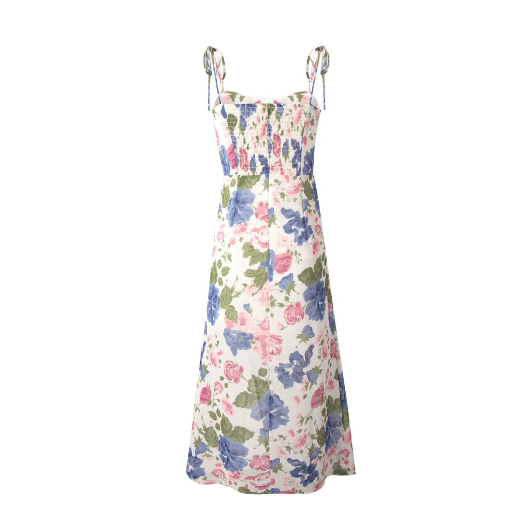 French Gentle Floral Print Cami Dress Summer Design Tight Waist Slim Pleated Split Dress PullWind