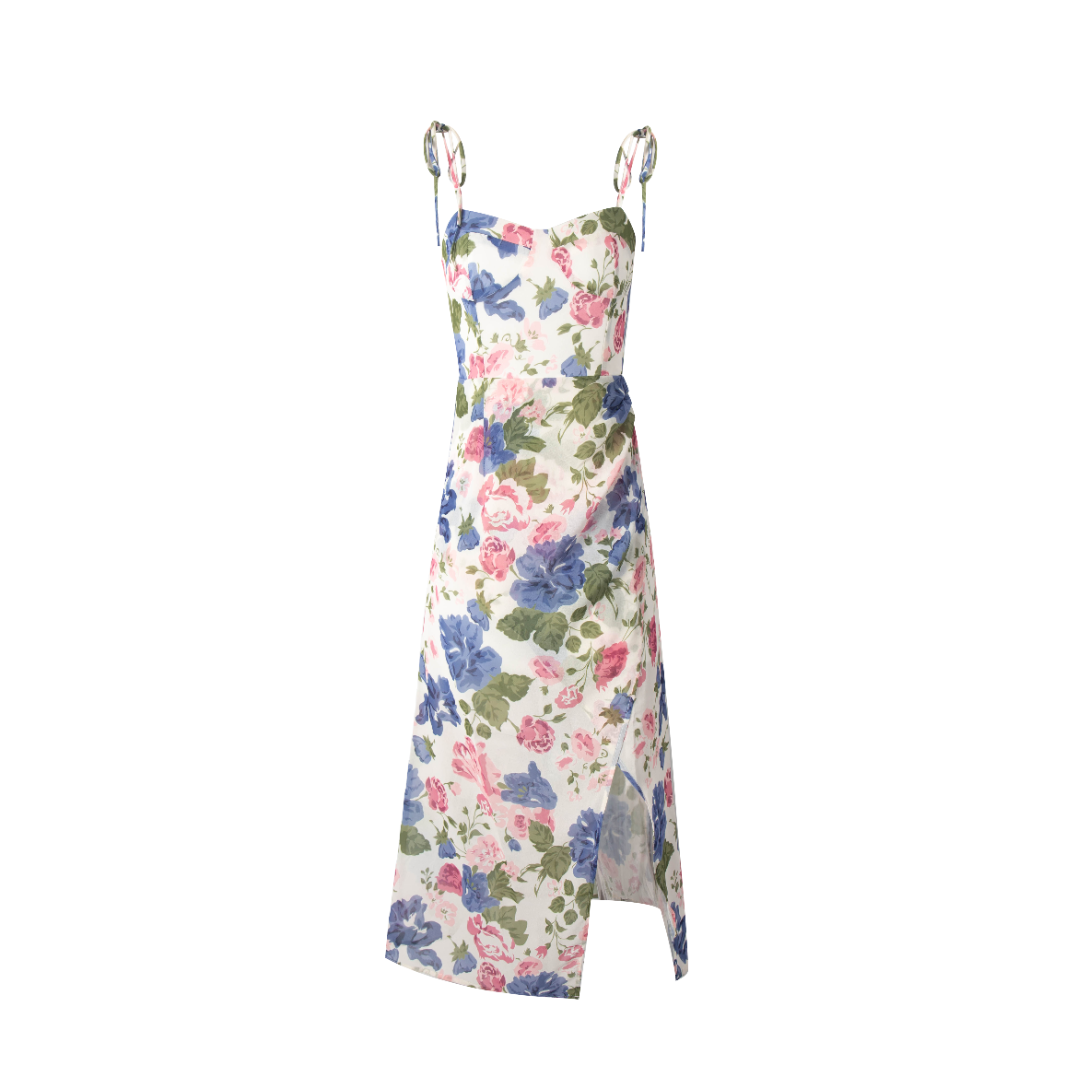 French Gentle Floral Print Cami Dress Summer Design Tight Waist Slim Pleated Split Dress PullWind