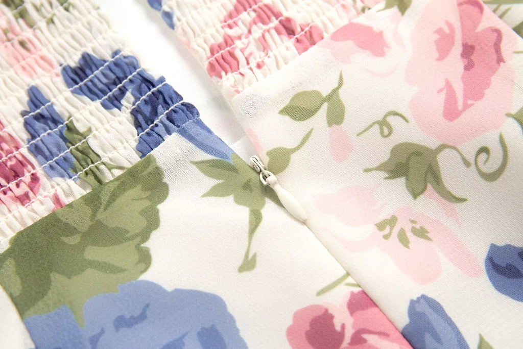 French Gentle Floral Print Cami Dress Summer Design Tight Waist Slim Pleated Split Dress PullWind
