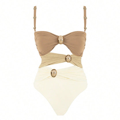 Bikinx Hollow Out Round Buckle Decor Three Color Sexy Monokini