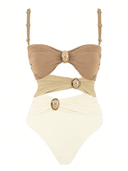 Bikinx Hollow Out Round Buckle Decor Three Color Sexy Monokini