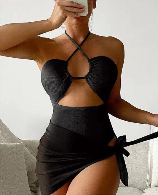 Bikini de una pieza con estampado de triángulos para mujer, traje de baño de dos piezas con falda de malla y axilas pequeñas