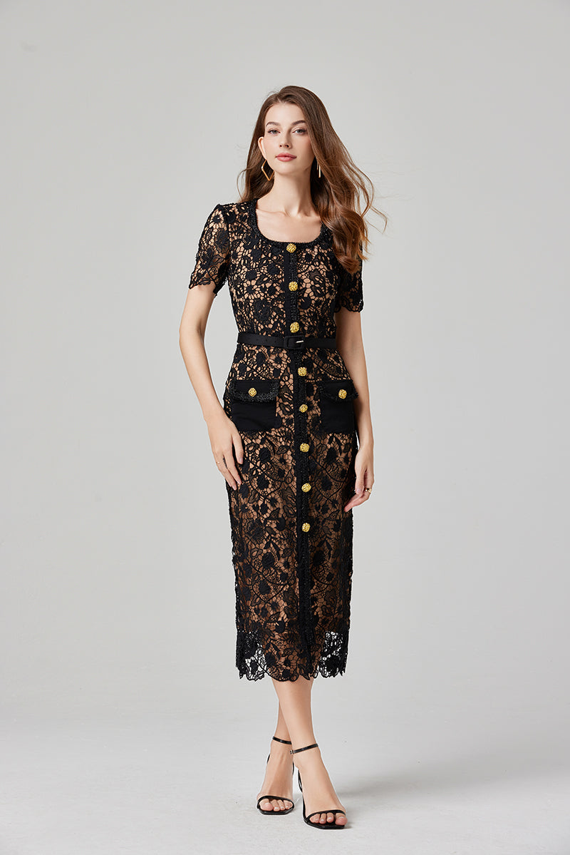 Summer Women Clothing Solid Color Lace Button Dress ESUNG