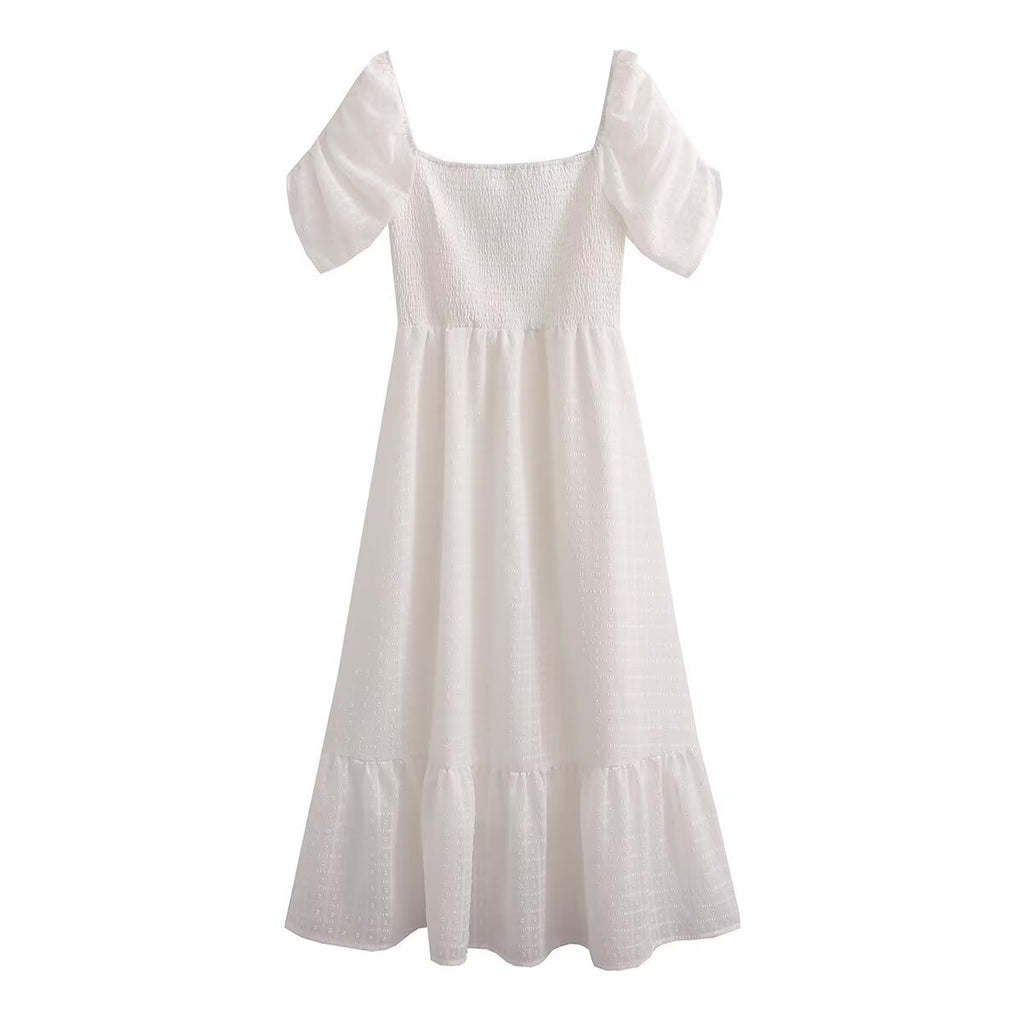 Women Clothing French Solid Color Chiffon Texture Backless Short Sleeve Loose Dress FRIDAY