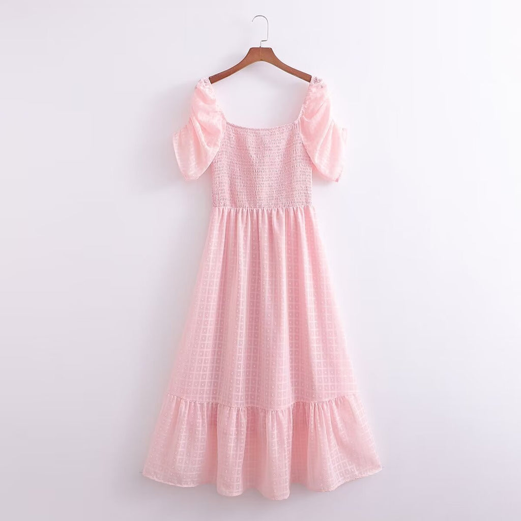 Women Clothing French Solid Color Chiffon Texture Backless Short Sleeve Loose Dress FRIDAY