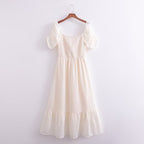 Women Clothing French Solid Color Chiffon Texture Backless Short Sleeve Loose Dress FRIDAY