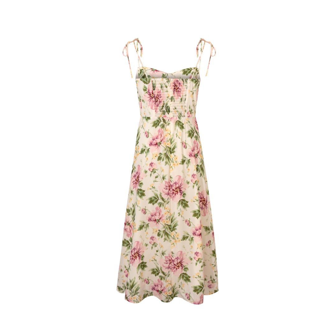 Summer French Vintage Floral Printed High Waist Sexy Side Split Hem Sling Dress PullWind