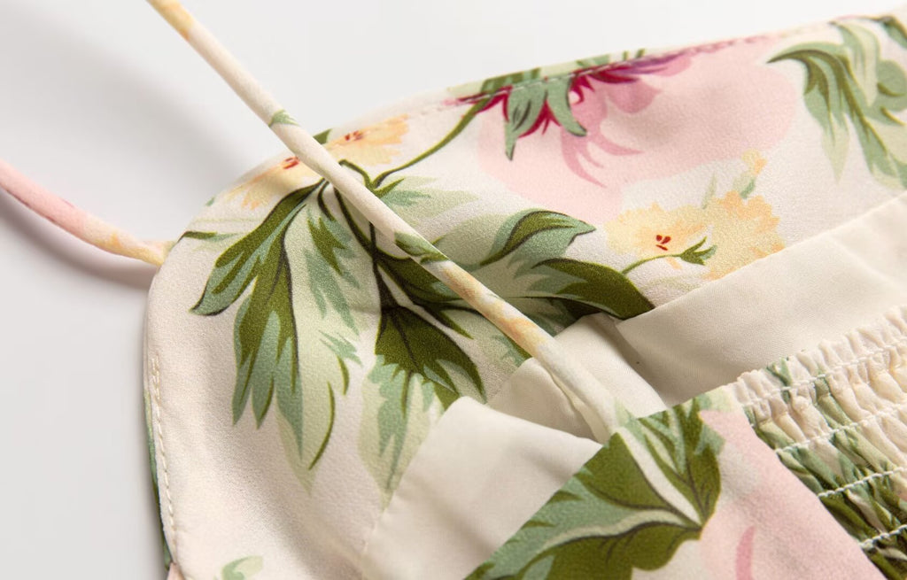 Summer French Vintage Floral Printed High Waist Sexy Side Split Hem Sling Dress PullWind