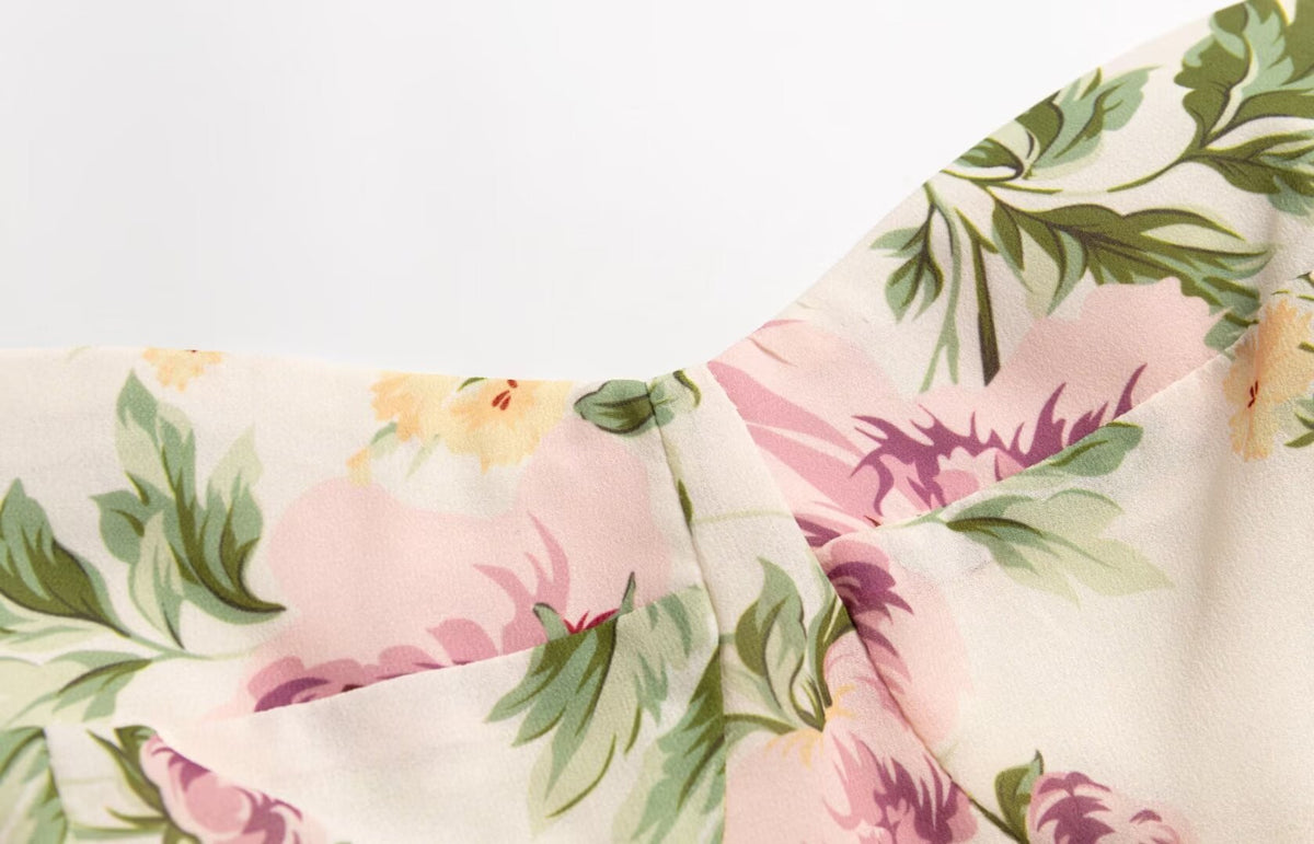 Summer French Vintage Floral Printed High Waist Sexy Side Split Hem Sling Dress PullWind