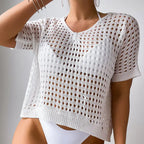 Women Hollow Out Cutout Neckline Button Loose Pullover Short Sleeve Woven Sexy Beach Blouse Crochet hook Tidee