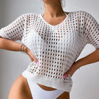 Women Hollow Out Cutout Neckline Button Loose Pullover Short Sleeve Woven Sexy Beach Blouse Crochet hook Tidee