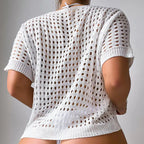 Women Hollow Out Cutout Neckline Button Loose Pullover Short Sleeve Woven Sexy Beach Blouse Crochet hook Tidee