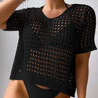 Women Hollow Out Cutout Neckline Button Loose Pullover Short Sleeve Woven Sexy Beach Blouse Crochet hook Tidee