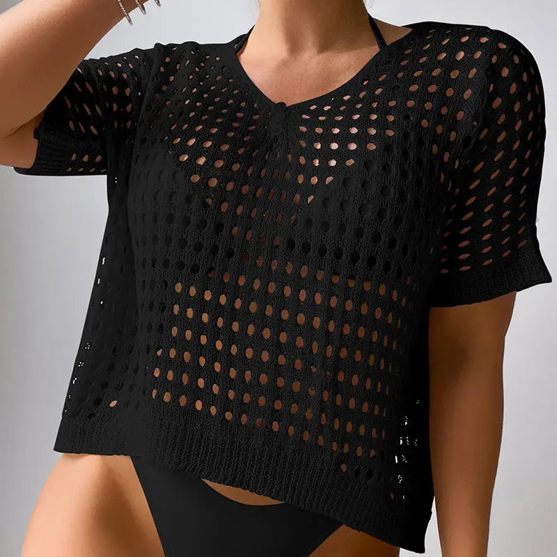 Women Hollow Out Cutout Neckline Button Loose Pullover Short Sleeve Woven Sexy Beach Blouse Crochet hook Tidee
