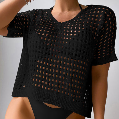 Women Hollow Out Cutout Neckline Button Loose Pullover Short Sleeve Woven Sexy Beach Blouse Crochet hook