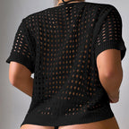 Women Hollow Out Cutout Neckline Button Loose Pullover Short Sleeve Woven Sexy Beach Blouse Crochet hook Tidee