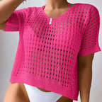 Women Hollow Out Cutout Neckline Button Loose Pullover Short Sleeve Woven Sexy Beach Blouse Crochet hook Tidee