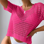Women Hollow Out Cutout Neckline Button Loose Pullover Short Sleeve Woven Sexy Beach Blouse Crochet hook Tidee