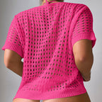Women Hollow Out Cutout Neckline Button Loose Pullover Short Sleeve Woven Sexy Beach Blouse Crochet hook Tidee