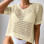 Women Hollow Out Cutout Neckline Button Loose Pullover Short Sleeve Woven Sexy Beach Blouse Crochet hook Tidee