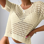 Women Hollow Out Cutout Neckline Button Loose Pullover Short Sleeve Woven Sexy Beach Blouse Crochet hook Tidee