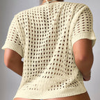 Women Hollow Out Cutout Neckline Button Loose Pullover Short Sleeve Woven Sexy Beach Blouse Crochet hook Tidee