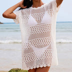Sexy Hollow Out Cutout Texture Lace Collar Loose Pullover Mid Length Vacation Sun Protection Beach Blouse Crochet hook Tidee