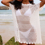Sexy Hollow Out Cutout Texture Lace Collar Loose Pullover Mid Length Vacation Sun Protection Beach Blouse Crochet hook Tidee