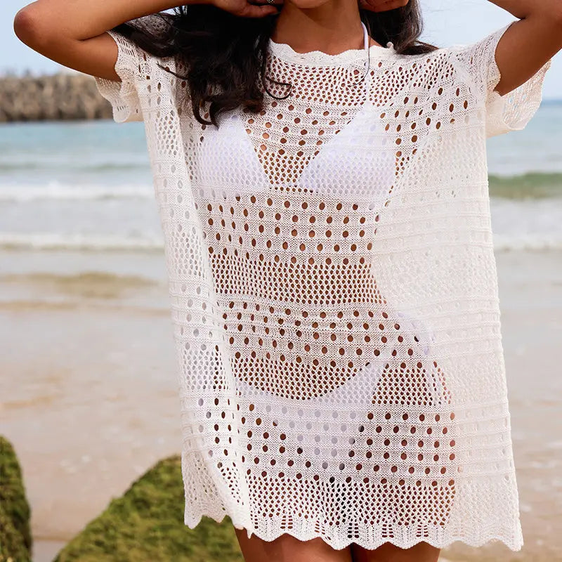 Sexy Hollow Out Cutout Texture Lace Collar Loose Pullover Mid Length Vacation Sun Protection Beach Blouse Crochet hook Tidee