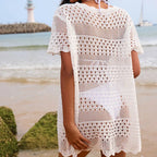 Sexy Hollow Out Cutout Texture Lace Collar Loose Pullover Mid Length Vacation Sun Protection Beach Blouse Crochet hook Tidee