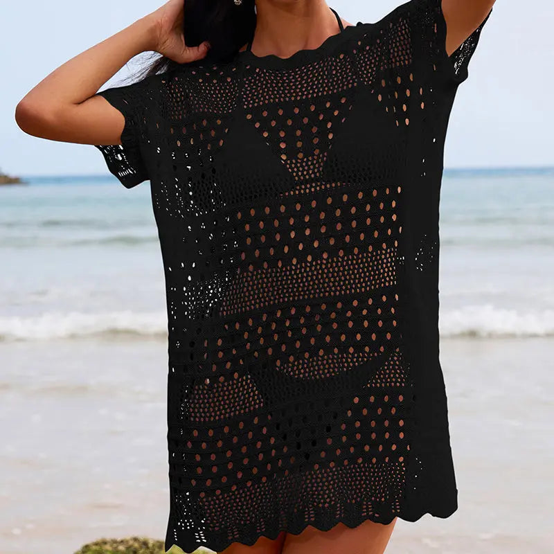 Sexy Hollow Out Cutout Texture Lace Collar Loose Pullover Mid Length Vacation Sun Protection Beach Blouse Crochet hook Tidee