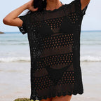 Sexy Hollow Out Cutout Texture Lace Collar Loose Pullover Mid Length Vacation Sun Protection Beach Blouse Crochet hook Tidee