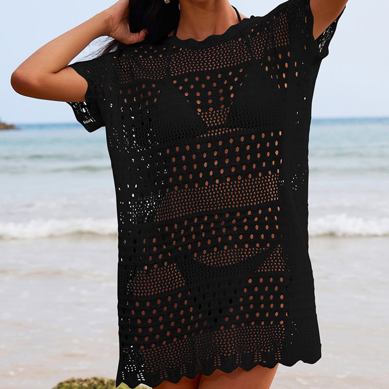 Sexy Hollow Out Cutout Texture Lace Collar Loose Pullover Mid Length Vacation Sun Protection Beach Blouse Crochet hook