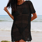 Sexy Hollow Out Cutout Texture Lace Collar Loose Pullover Mid Length Vacation Sun Protection Beach Blouse Crochet hook Tidee