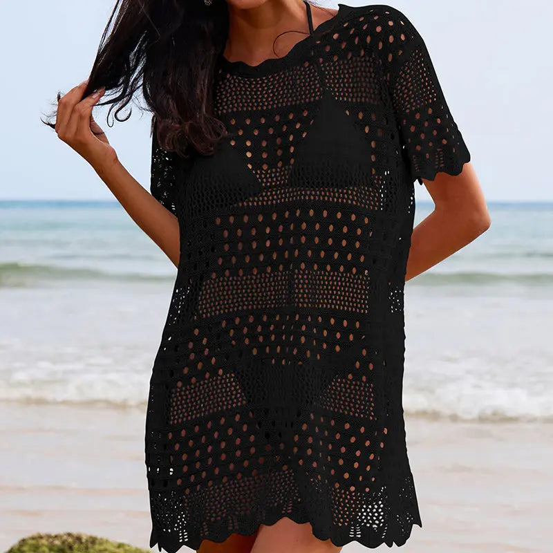 Sexy Hollow Out Cutout Texture Lace Collar Loose Pullover Mid Length Vacation Sun Protection Beach Blouse Crochet hook Tidee