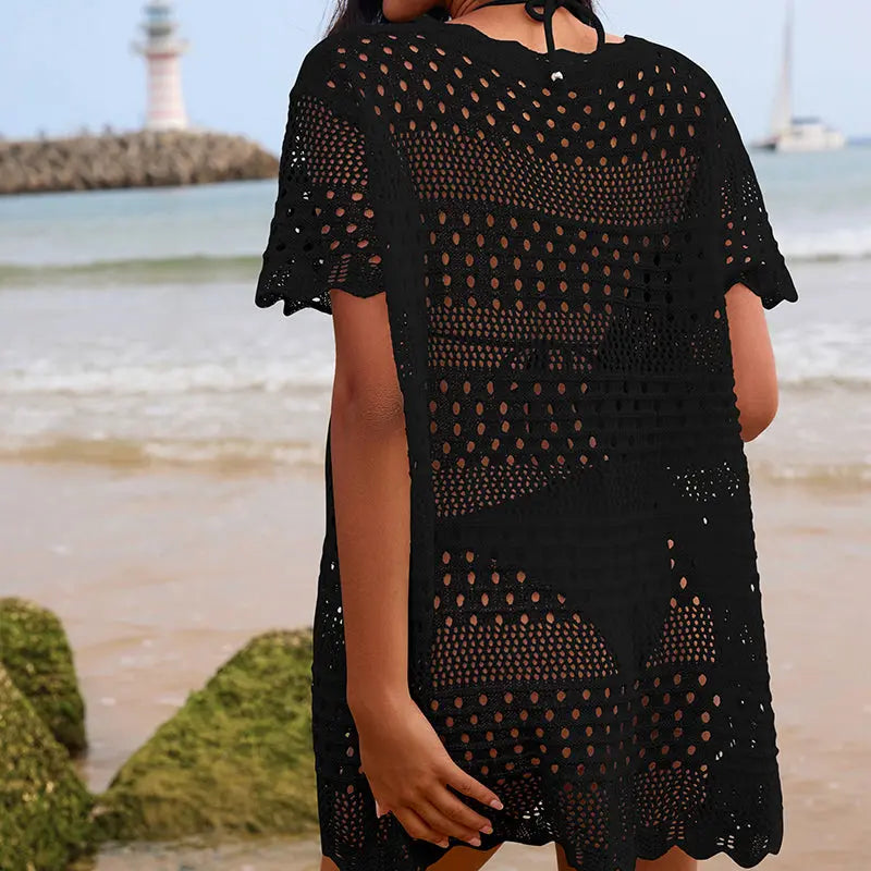 Sexy Hollow Out Cutout Texture Lace Collar Loose Pullover Mid Length Vacation Sun Protection Beach Blouse Crochet hook Tidee