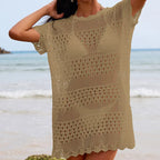 Sexy Hollow Out Cutout Texture Lace Collar Loose Pullover Mid Length Vacation Sun Protection Beach Blouse Crochet hook Tidee