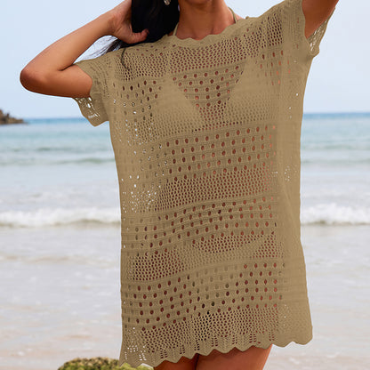 Sexy Hollow Out Cutout Texture Lace Collar Loose Pullover Mid Length Vacation Sun Protection Beach Blouse Crochet hook
