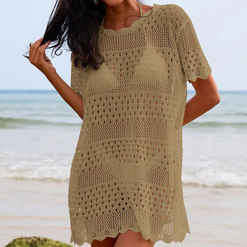 Sexy Hollow Out Cutout Texture Lace Collar Loose Pullover Mid Length Vacation Sun Protection Beach Blouse Crochet hook Tidee
