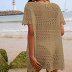 Sexy Hollow Out Cutout Texture Lace Collar Loose Pullover Mid Length Vacation Sun Protection Beach Blouse Crochet hook Tidee