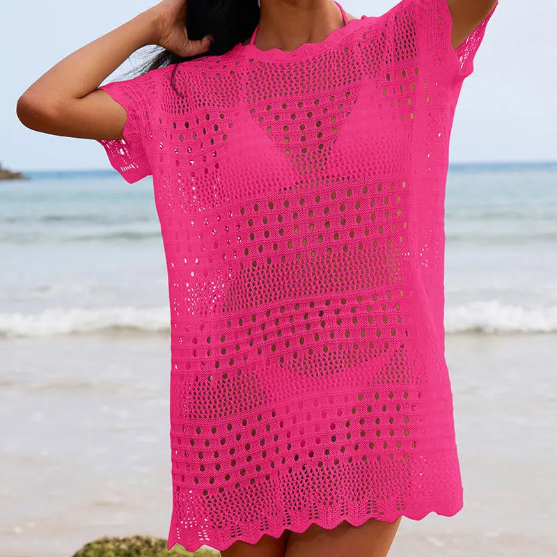 Sexy Hollow Out Cutout Texture Lace Collar Loose Pullover Mid Length Vacation Sun Protection Beach Blouse Crochet hook Tidee