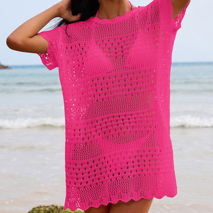 Sexy Hollow Out Cutout Texture Lace Collar Loose Pullover Mid Length Vacation Sun Protection Beach Blouse Crochet hook