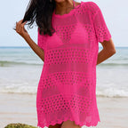 Sexy Hollow Out Cutout Texture Lace Collar Loose Pullover Mid Length Vacation Sun Protection Beach Blouse Crochet hook Tidee