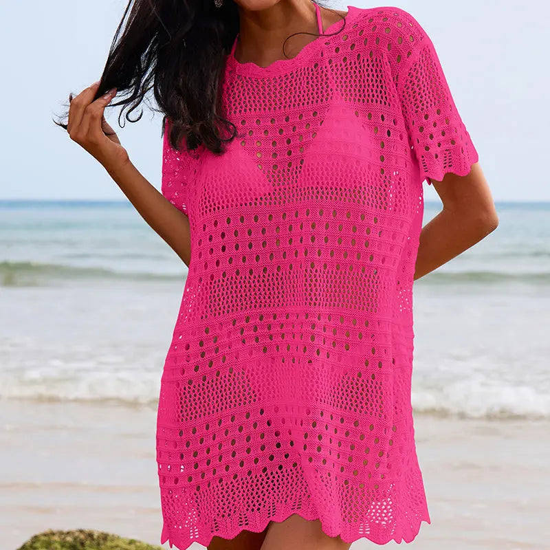 Sexy Hollow Out Cutout Texture Lace Collar Loose Pullover Mid Length Vacation Sun Protection Beach Blouse Crochet hook Tidee
